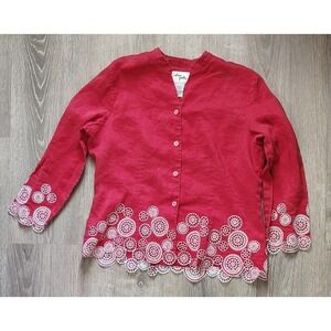 Ann Gerlin 100% Linen Red Button‎ Blouse Sz 14 Eyelet Embroidered Hem Boho